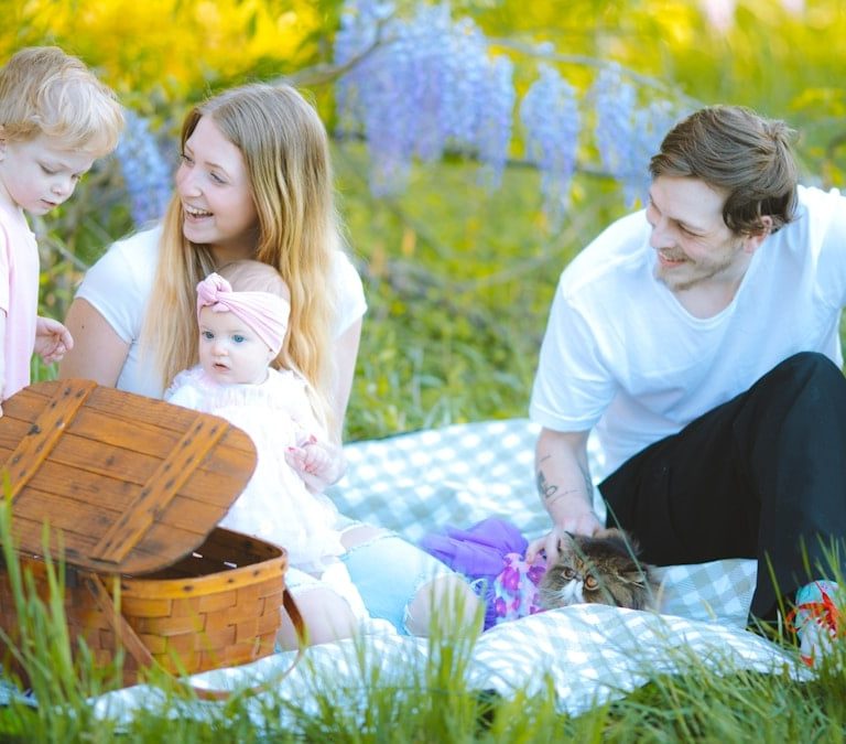 a family sitting on a blanket in the grass
